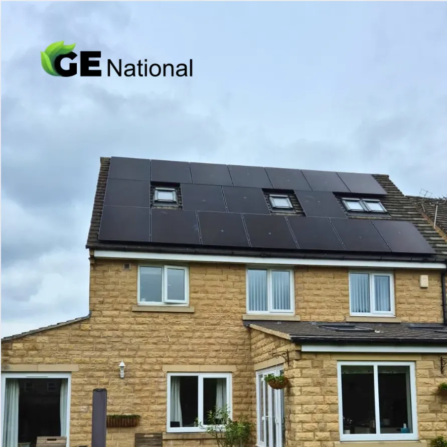 Modern UK home with solar panels, battery storage, and EV charging. A GE National smart energy system