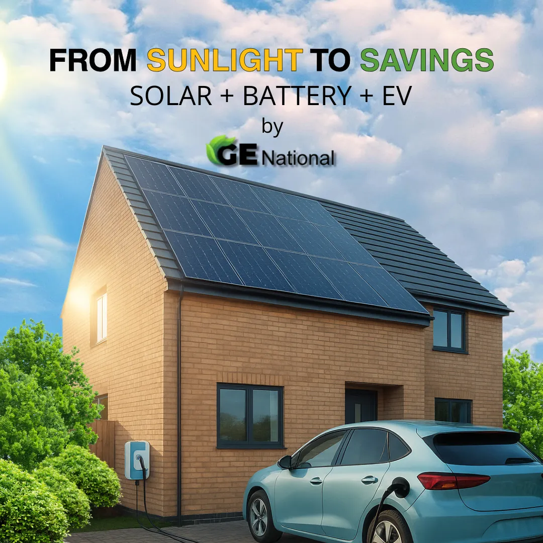 Modern UK home with solar panels, battery storage, and EV charging. A GE National smart energy system