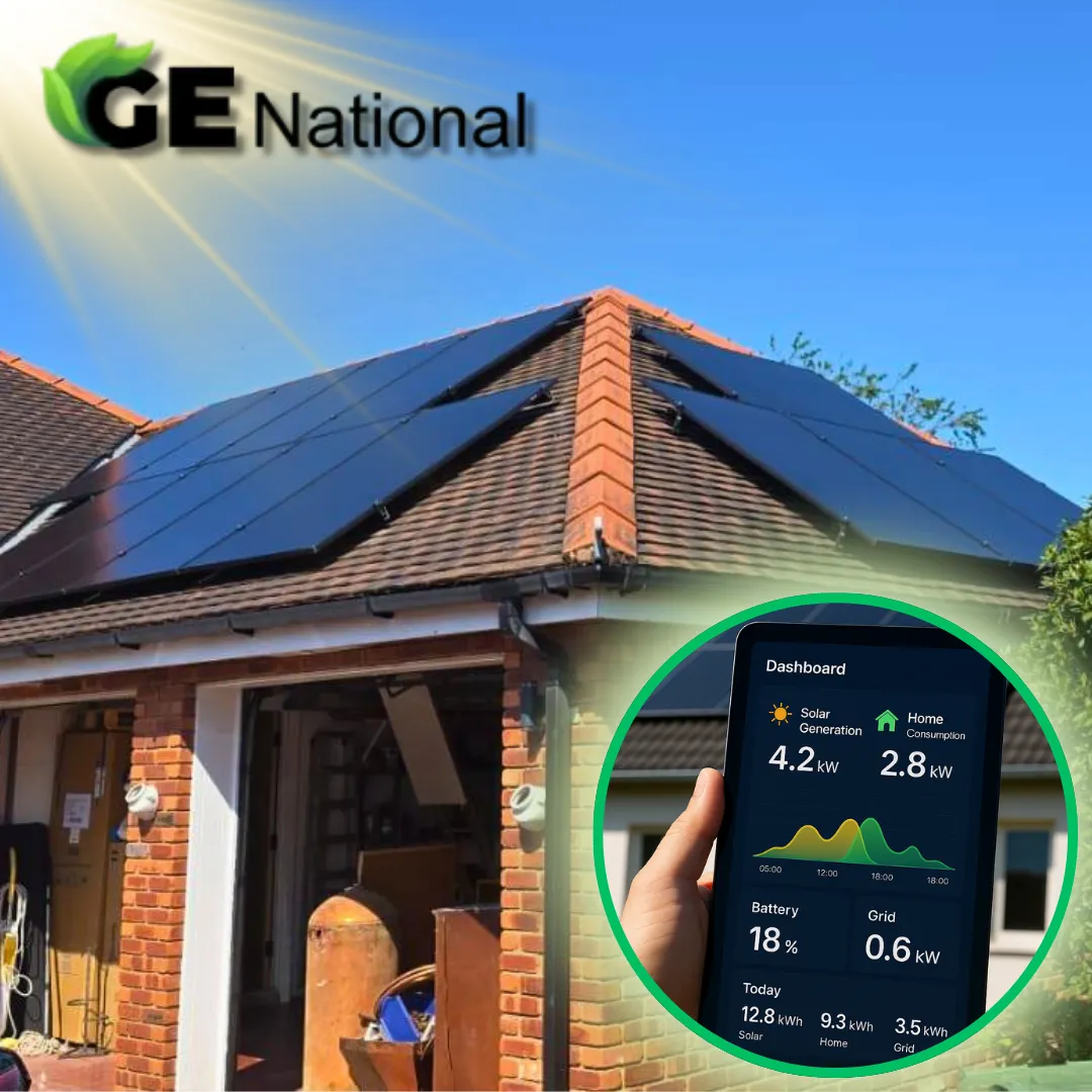 Modern UK home with solar panels, battery storage, and EV charging. A GE National smart energy system