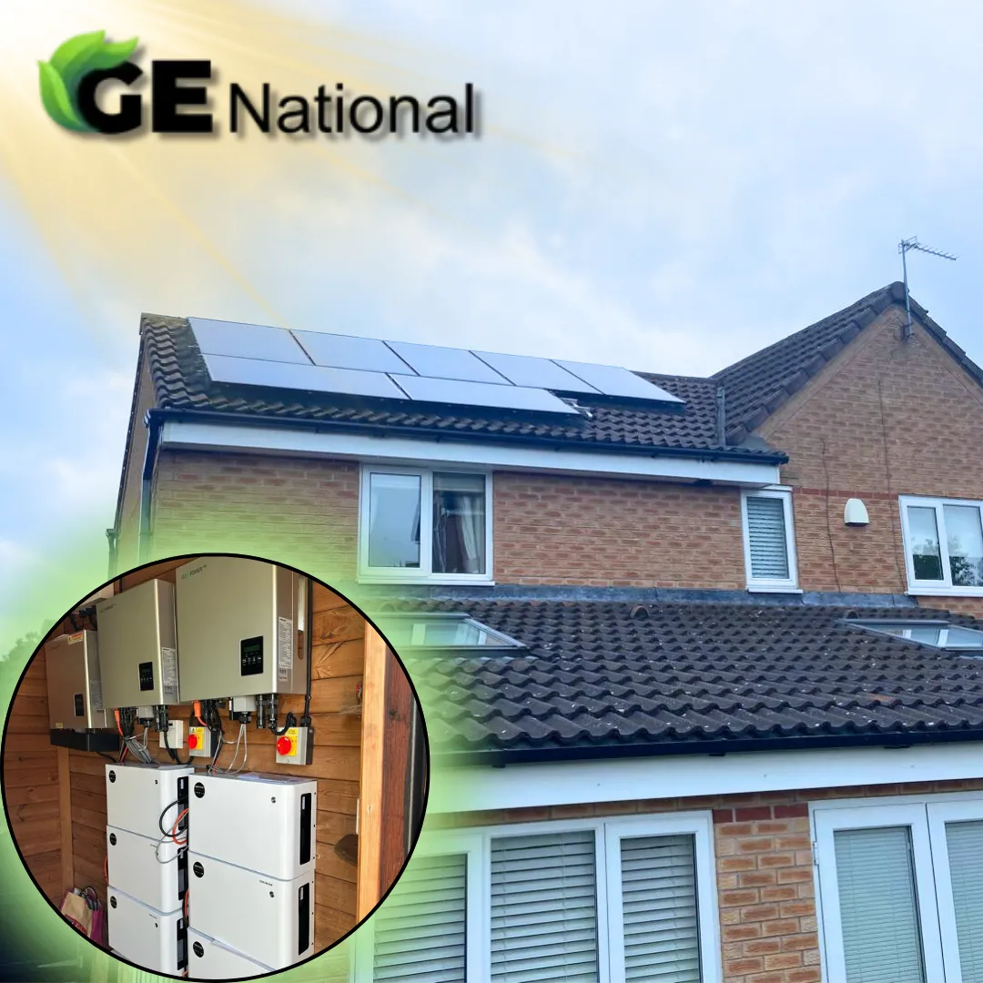 Modern UK home with solar panels, battery storage, and EV charging. A GE National smart energy system