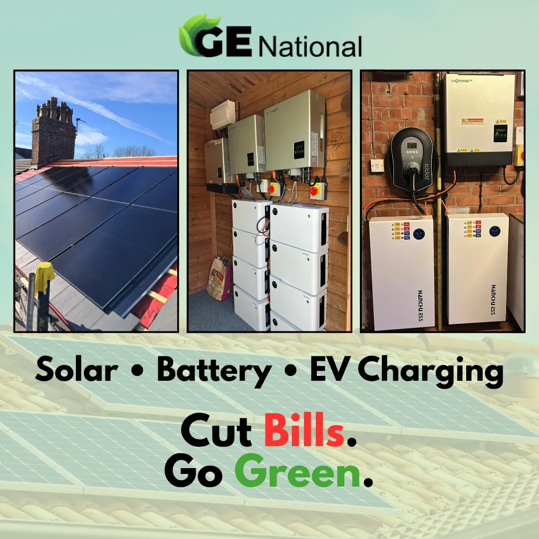 Modern UK home with solar panels, battery storage, and EV charging. A GE National smart energy system