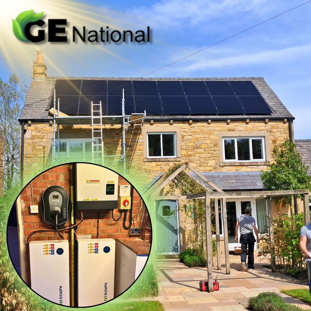 Modern UK home with solar panels, battery storage, and EV charging. A GE National smart energy system