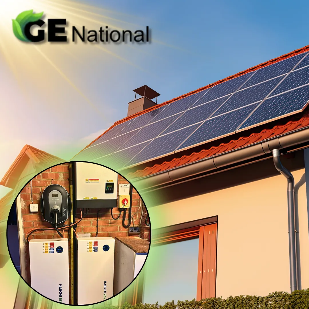 Modern UK home with solar panels, battery storage, and EV charging. A GE National smart energy system