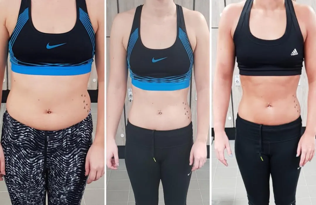 Progress photos showing a woman’s successful body transformation achieved with personalised fitness and nutrition guidance.