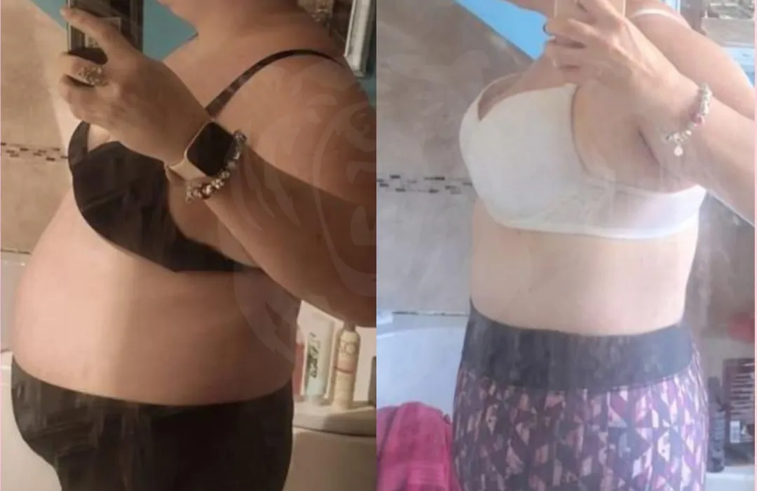 Before and after progress photos of a woman’s fitness transformation through personalised training and nutrition coaching.