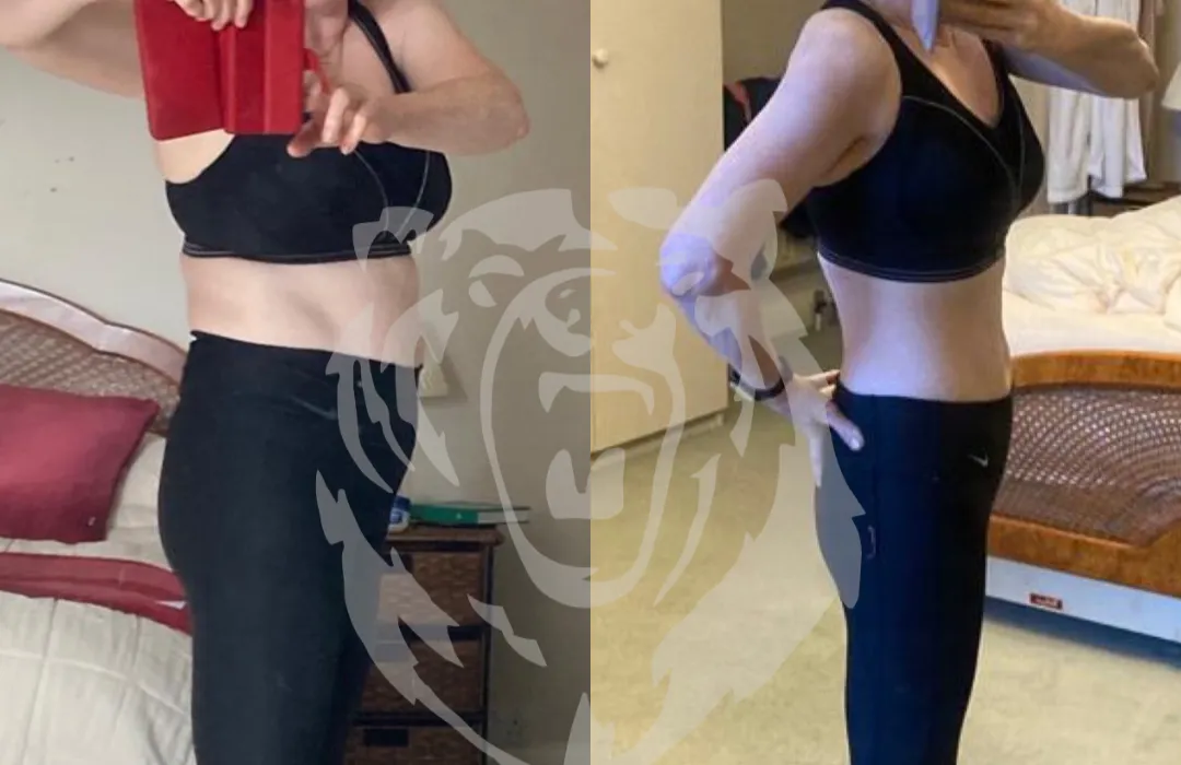 Before and after photos of a client’s weight loss and muscle definition achieved through online personal training.