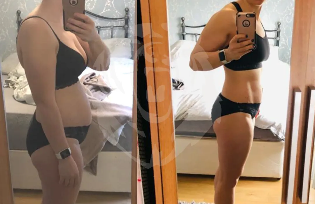 Client fitness transformation shown in progress photos after completing personalised training and nutrition plans.