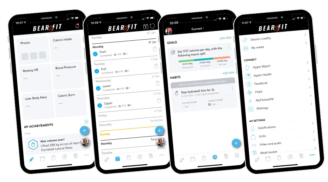 Screenshots of the Bear Fit app displaying workout tracking, nutrition goals, habit tracking, and integration with health platforms like Apple Health and Fitbit.