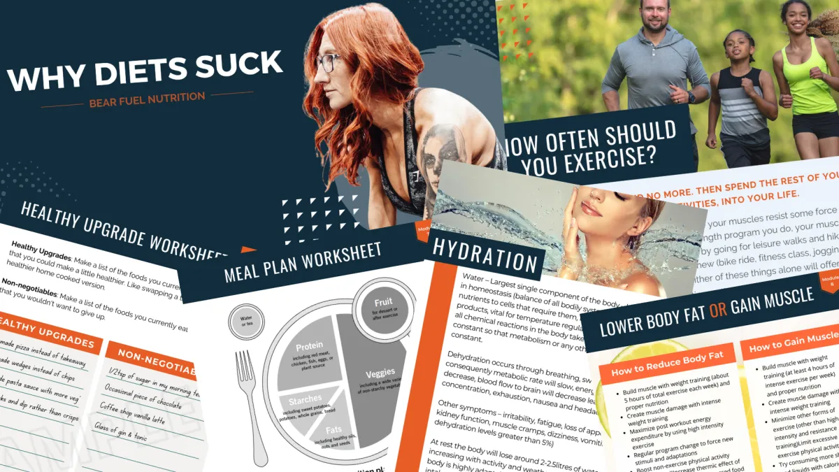 Collection of health and wellness worksheets, including meal plans, hydration guides, exercise tips, and nutrition advice from the Bear Fit Wellbeing Course.