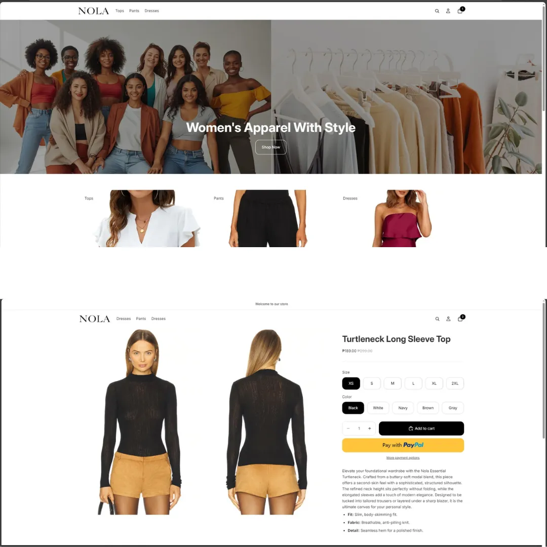 Black and white Shopify product page mockups