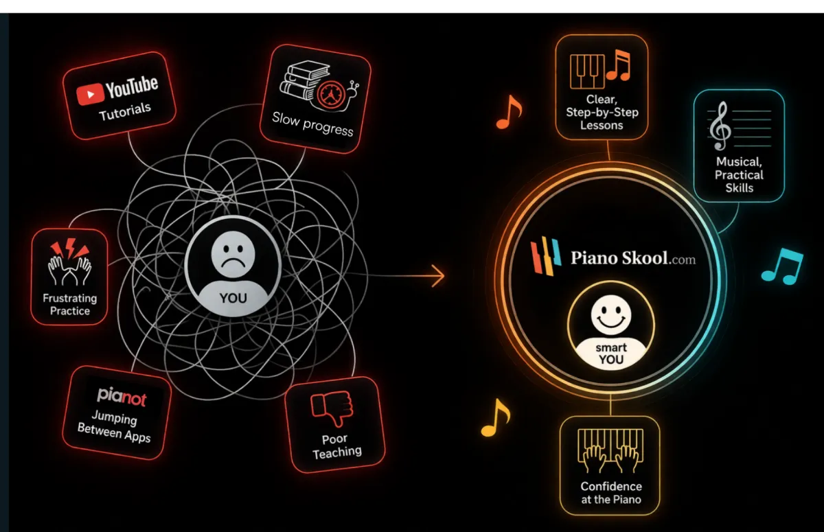 Piano Skool structured learning system transforming frustrated adult beginners from scattered YouTube tutorials and piano apps into confident pianists with clear step-by-step lessons and practical musical skills