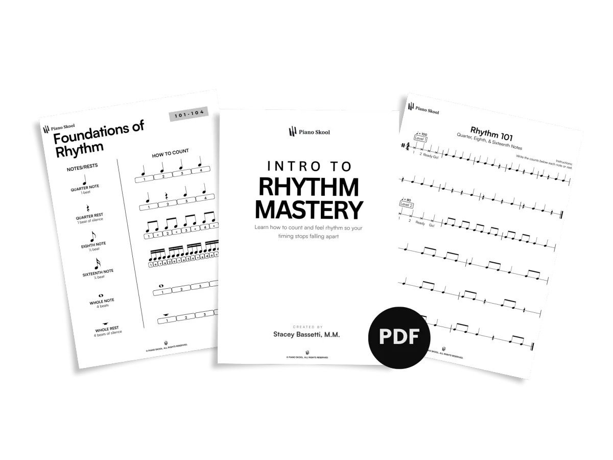 Piano Skool Intro to Rhythm Mastery PDF workbook by Stacey Bassetti quarter eighth and sixteenth notes for beginners