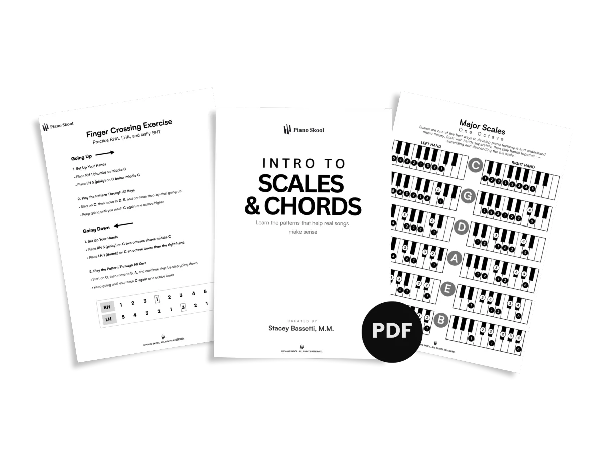 Piano Skool Intro to Scales and Chords PDF workbook by Stacey Bassetti major scales and chord patterns for adult pianists