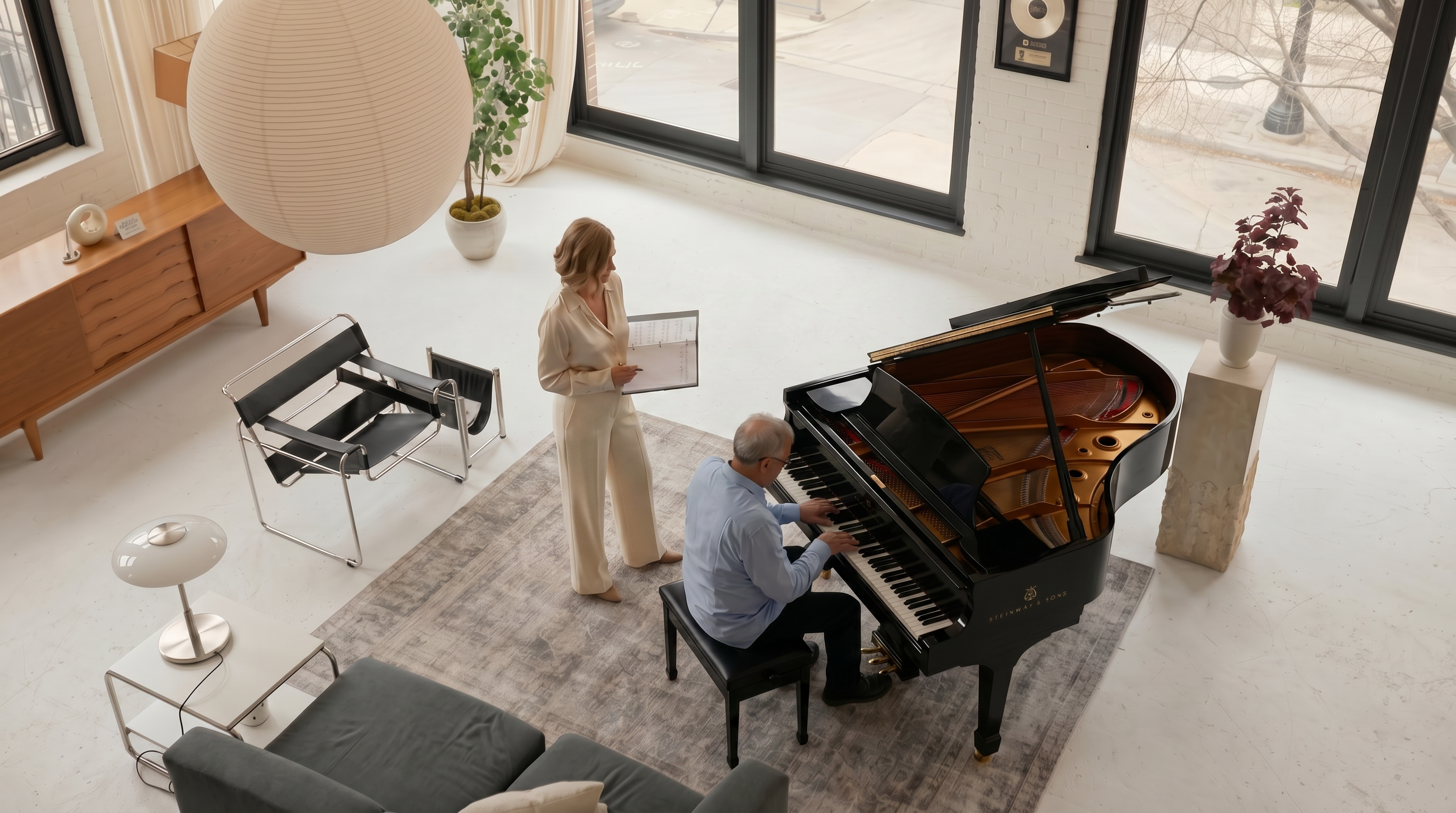 Piano teacher Stacey Bassetti giving private piano lesson to adult student in modern home studio showing 15 years teaching experience