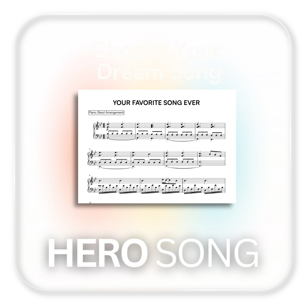 Piano Skool Club Hero Song feature allowing members to choose their dream song and learn any piano piece they love with structured lessons