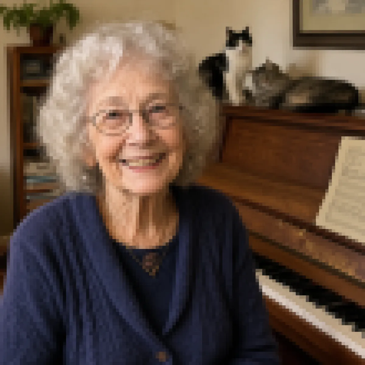 Elderly piano teacher Mrs. Shindle representing typical local piano instructor charging $80 per hour for private lessons without structured curriculum or guarantee