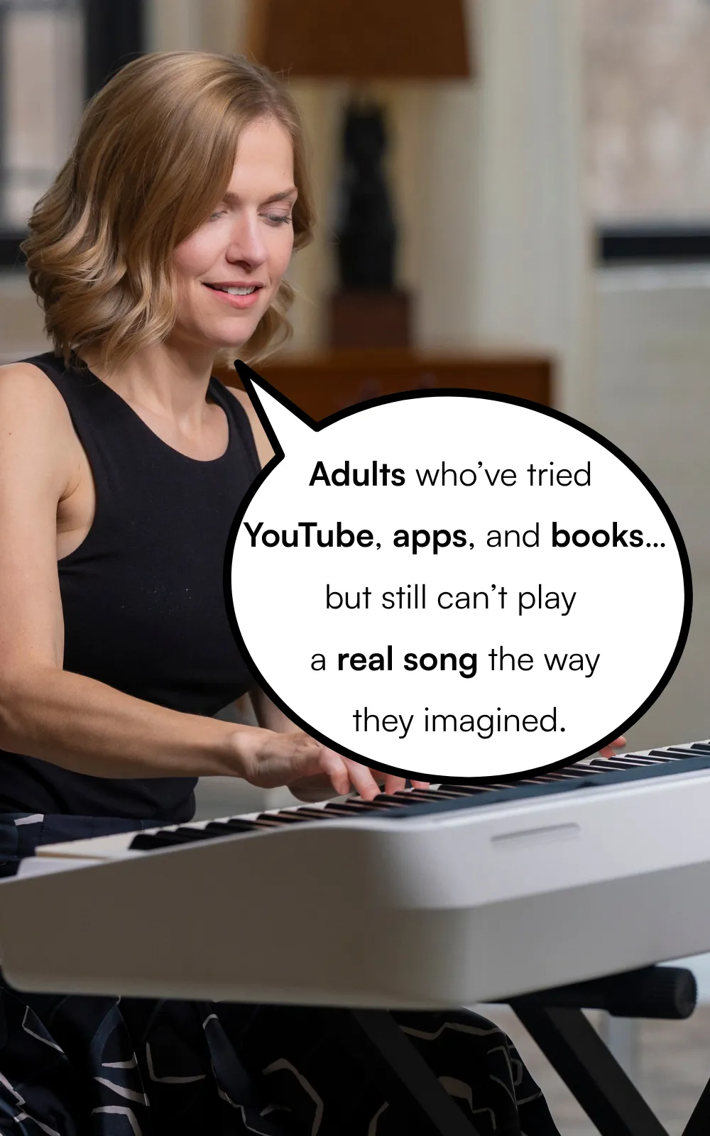 Adult woman at piano struggling with YouTube tutorials apps and books unable to play real songs