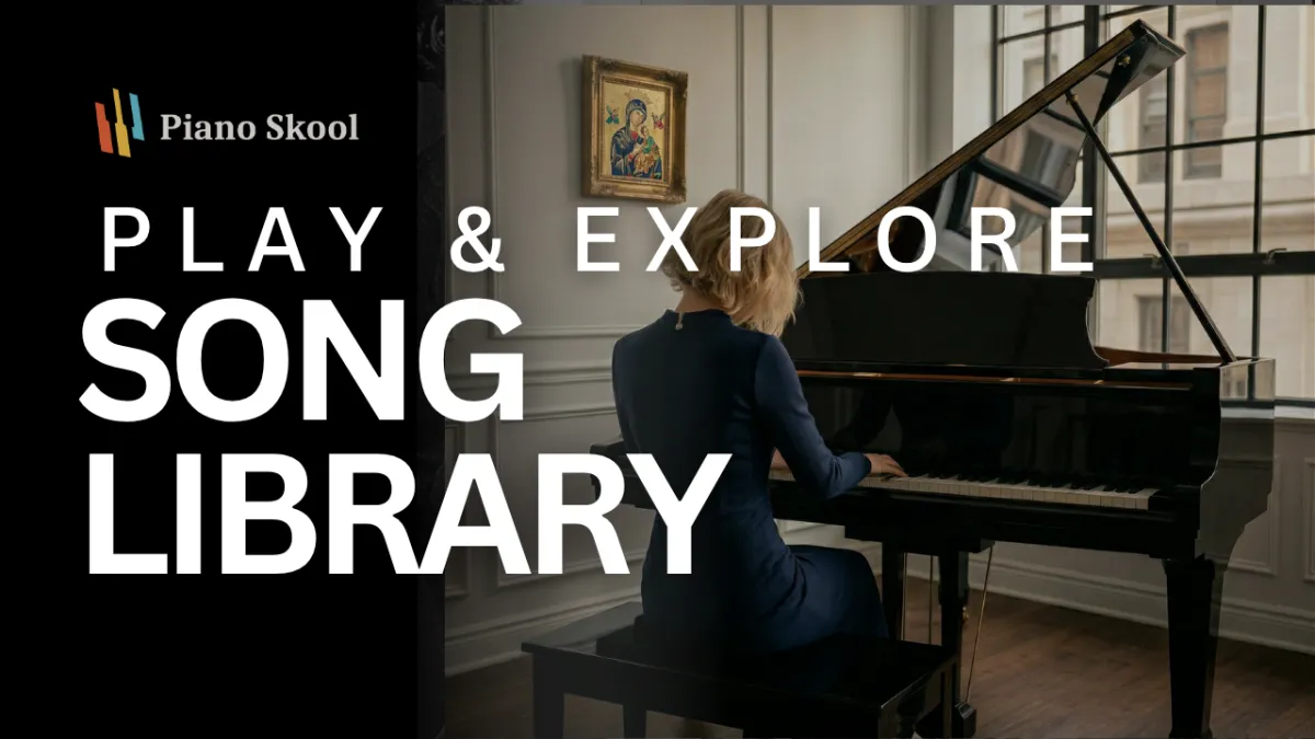 Piano Skool Club Play and Explore song library featuring classical Christmas family folk and hymns piano music for intermediate adult pianists