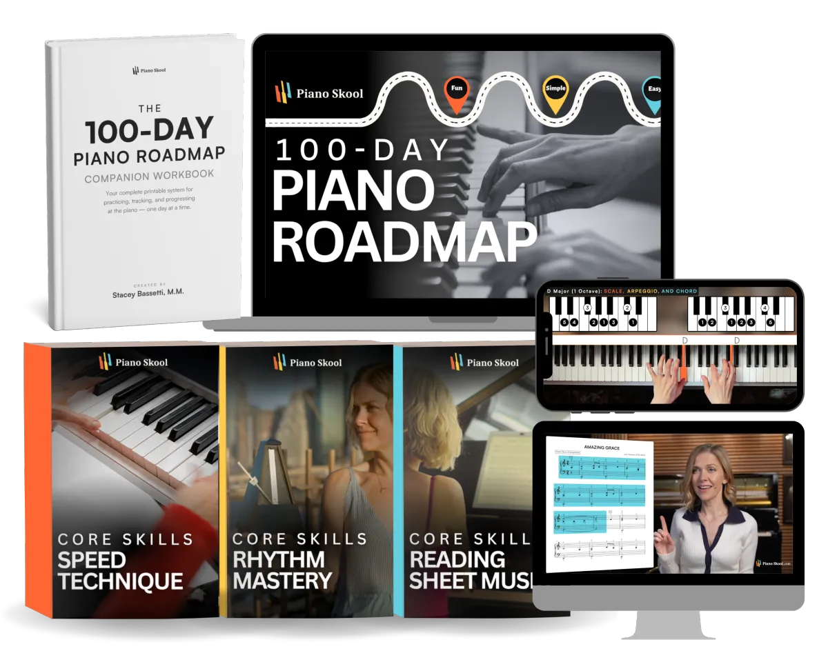 100-Day Piano Roadmap complete course package including workbook, video lessons, core skills libraries for speed technique rhythm mastery and reading sheet music