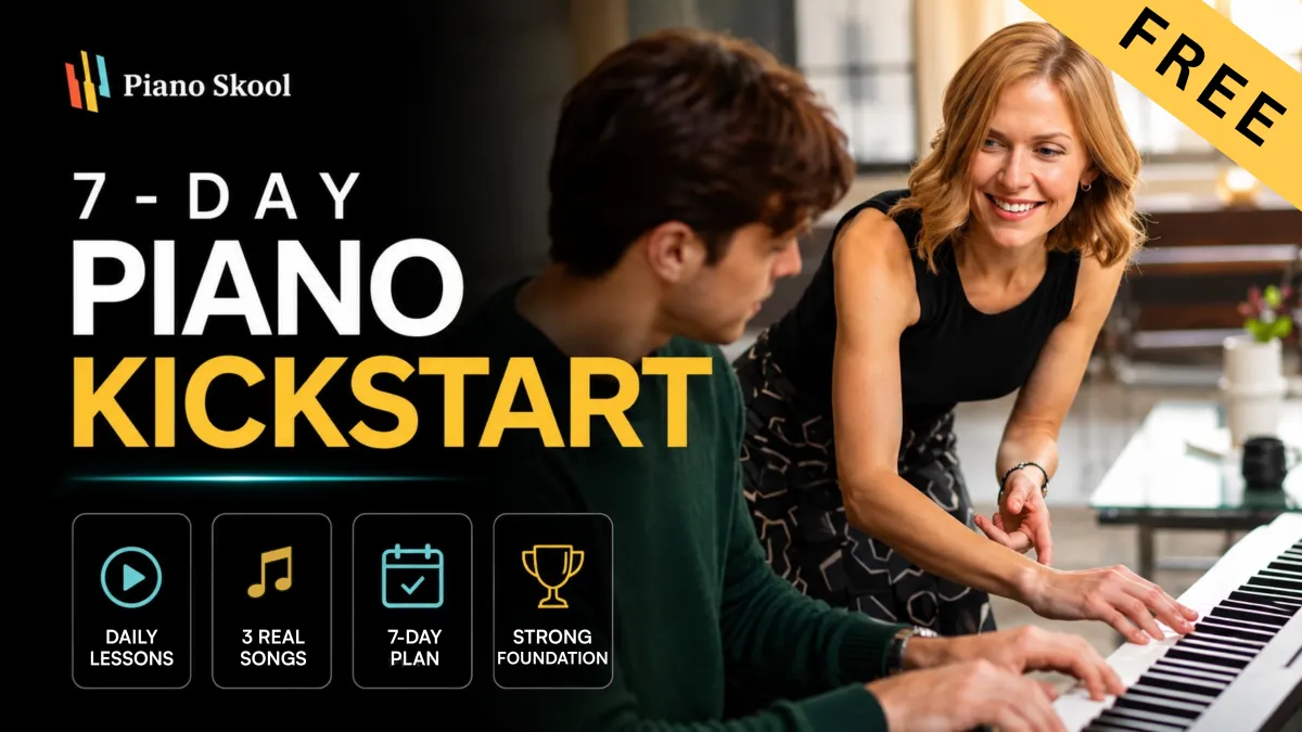 Piano Skool 7‑Day Piano Kickstart – free program for adults, with Stacey teaching a student at the piano