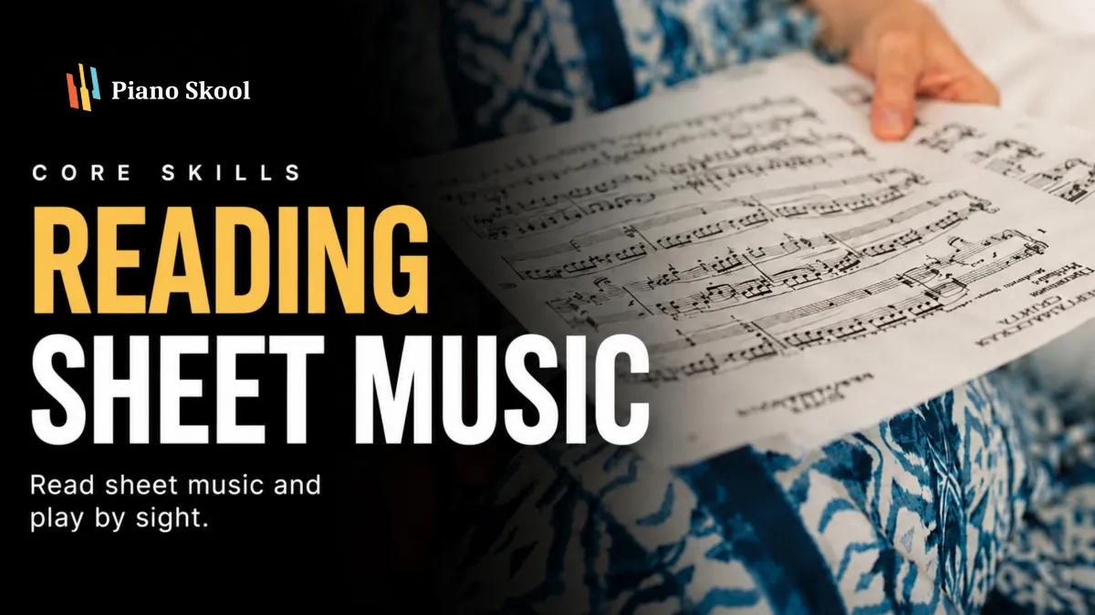 Piano Skool Core Skills Library 03 Reading Sheet Music course with 108 lessons and 300 exercises teaching sight reading note recognition and key signatures for adult piano students