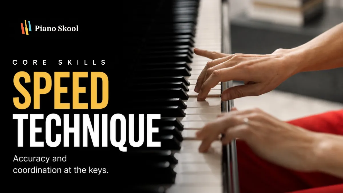 Piano Skool Core Skills Library 01 Speed Technique course with 18 lessons teaching finger independence control scales arpeggios and chords for adult piano students
