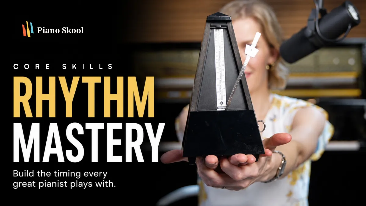 Piano Skool Core Skills Library 02 Rhythm Mastery course with 28 lessons teaching metronome use counting time signatures and steady pulse for adult piano students