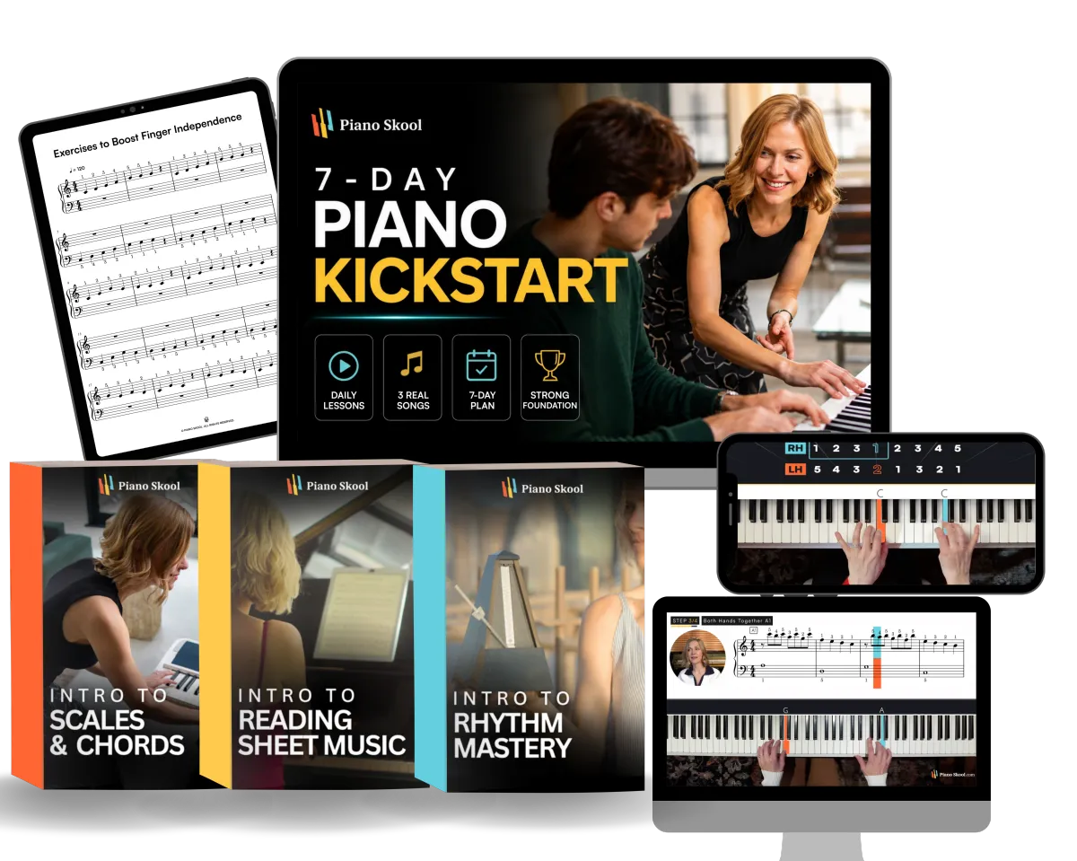 Piano Kickstart free 7-day beginner piano course with bonuses scales chords rhythm and sheet music