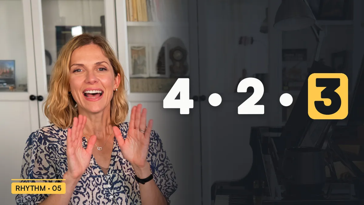 Stacey Bassetti explaining whole, half and dotted half notes at the piano, Piano Skool rhythm lesson 5