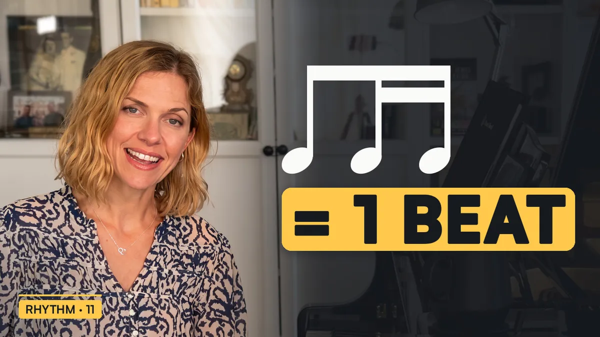 Stacey Bassetti counting an eighth note and two sixteenths at the piano, Piano Skool rhythm lesson 11