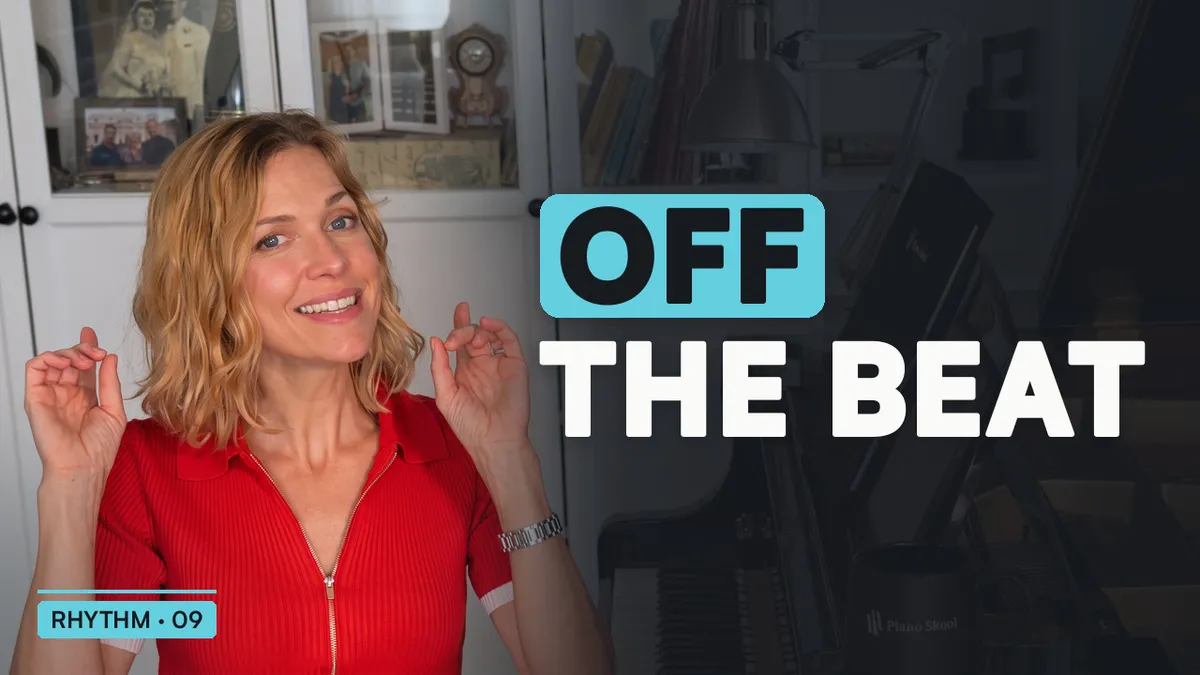 Stacey Bassetti explaining syncopation and off-beat accents at the piano, Piano Skool rhythm lesson 9