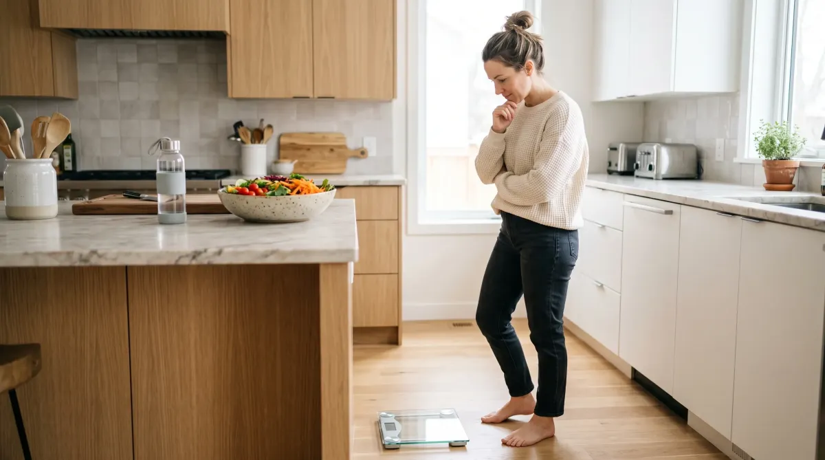 Woman eating healthy but not losing weight looking at a scale in her kitchen