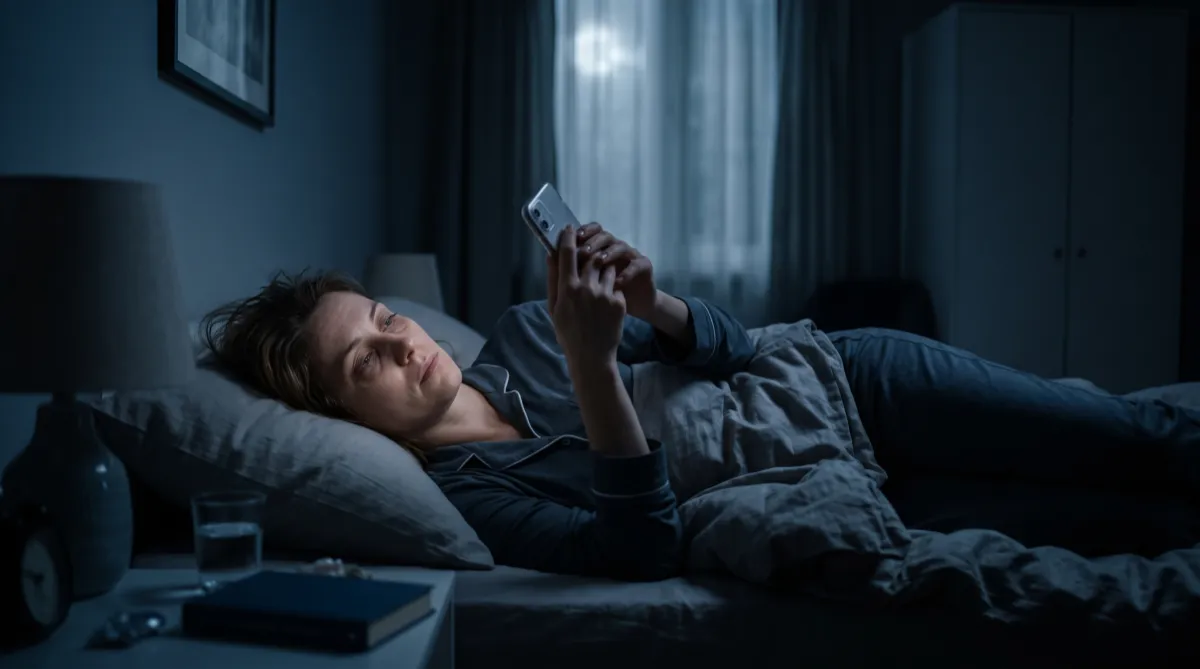 Tired woman in bed at night looking at her phone, showing how poor sleep can affect weight loss