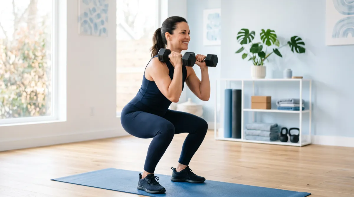 Woman doing a strength exercise with dumbbells to keep muscle while losing weight