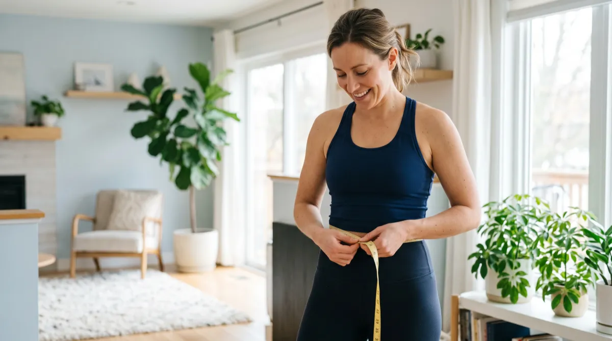 Woman measuring her waist with a tape measure to track healthy weight loss progress