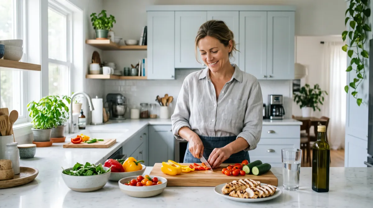 Smiling woman preparing a healthy meal at home while maintaining her weight loss