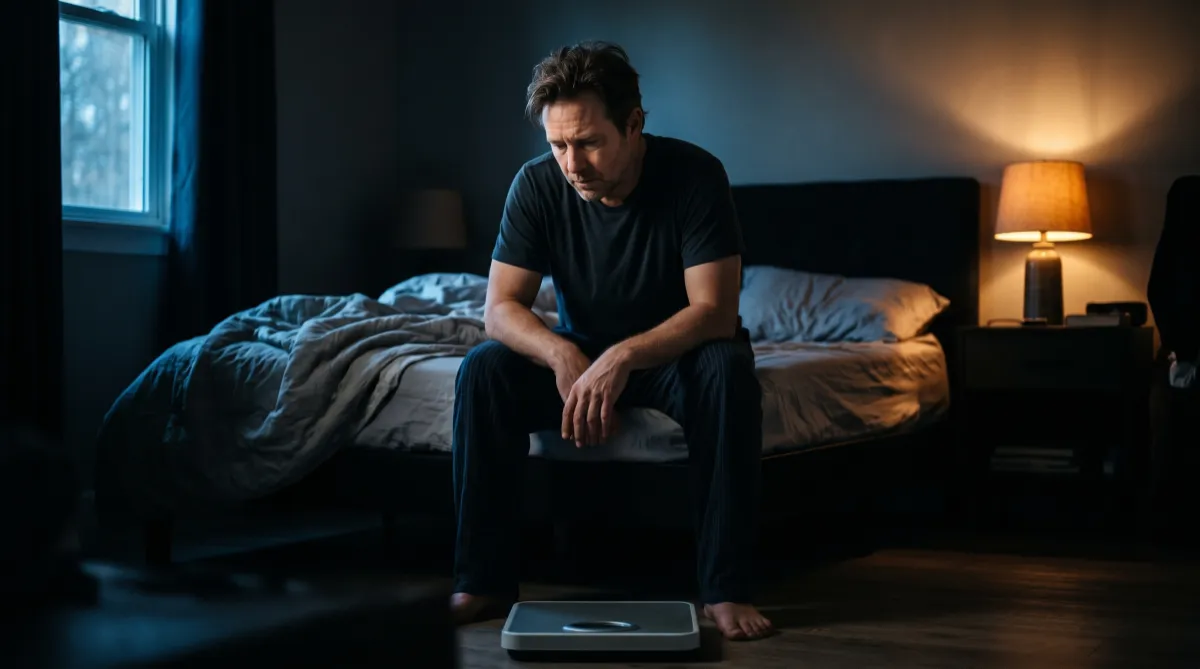 Man sitting on his bed at dawn looking at a bathroom scale, ready to start his weight loss journey