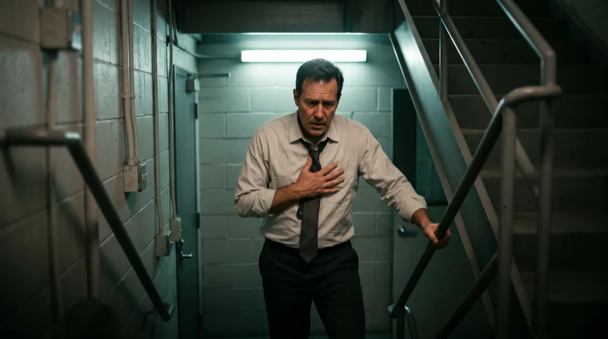 Man in his late 40s out of breath on office stairs, a sign that belly fat may be affecting his health