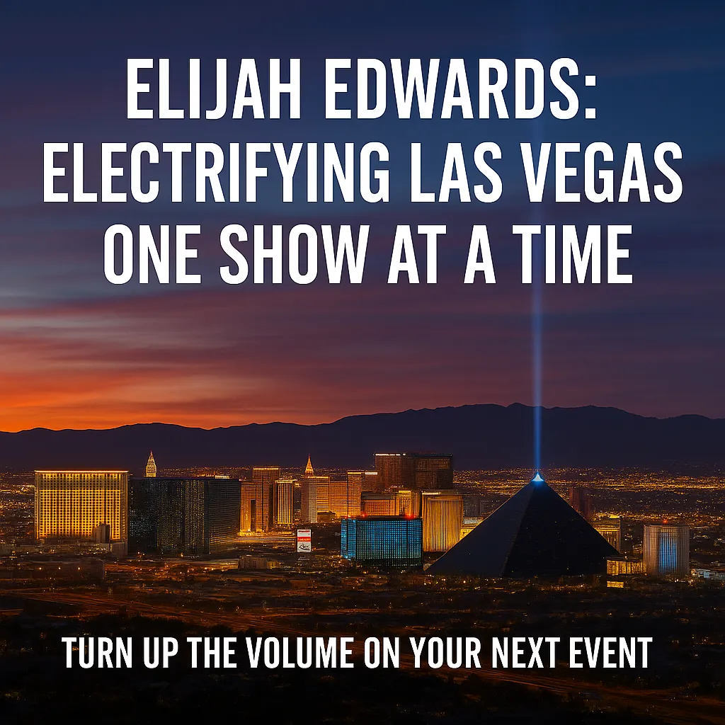 Elijah Edwards Las Vegas comedy hypnotist performing at corporate events, casinos, colleges, and theaters – Vegas skyline with vibrant show lighting