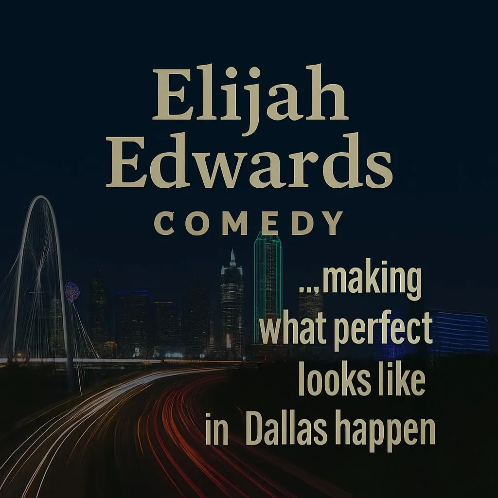 Dallas skyline at night with neon reflections near Choctaw and WinStar casinos, used for Elijah Edwards’ casino comedy hypnosis branding