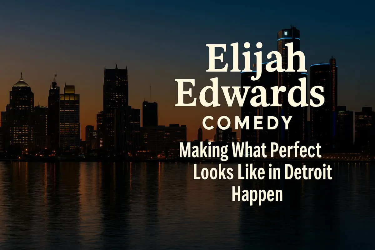 Detroit skyline with city lights promoting Elijah Edwards Comedy Hypnosis for live events