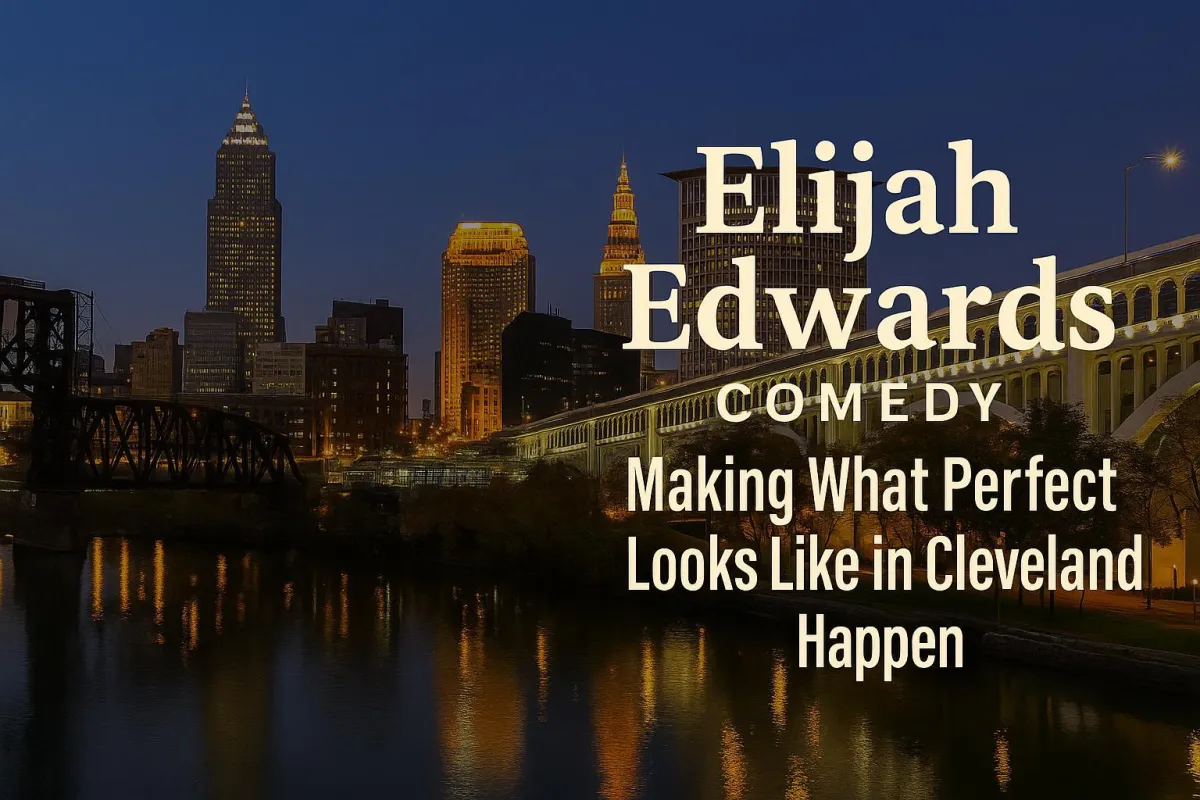 Downtown Cleveland skyline featuring Elijah Edwards Comedy Hypnosis branding for clean live entertainment