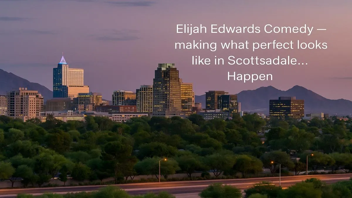 Scottsdale skyline with desert mountains promoting comedy hypnotist Elijah Edwards  
