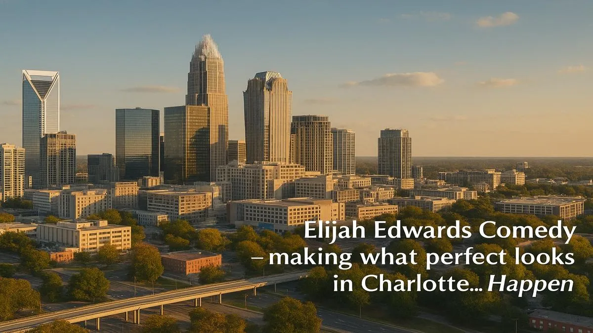 Charlotte skyline at sunset with Elijah Edwards tagline overlay
