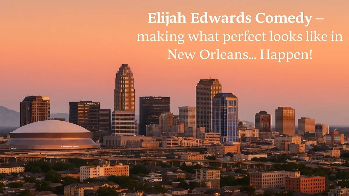 Elijah Edwards Comedy Hypnotist performing in front of New Orleans skyline