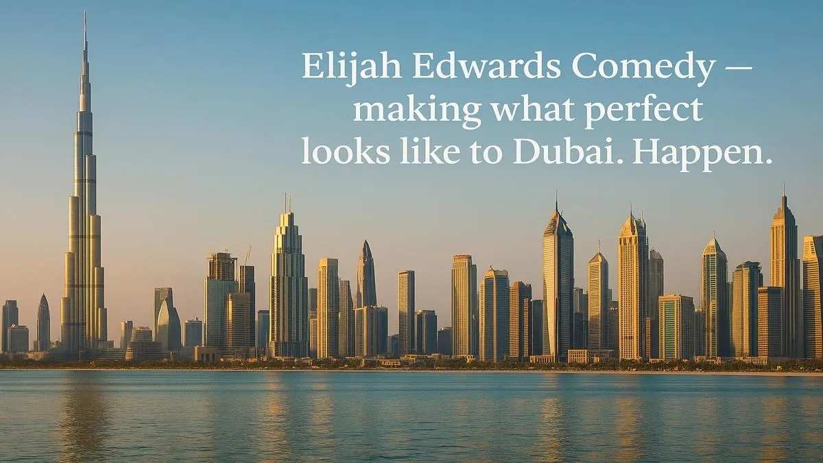 Dubai skyline with Burj Khalifa showcasing comedy hypnotist Elijah Edwards