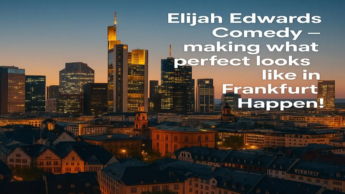 Frankfurt skyline behind Elijah Edwards — elite comedy hypnotist for corporate events, international conferences, and luxury shows in Germany