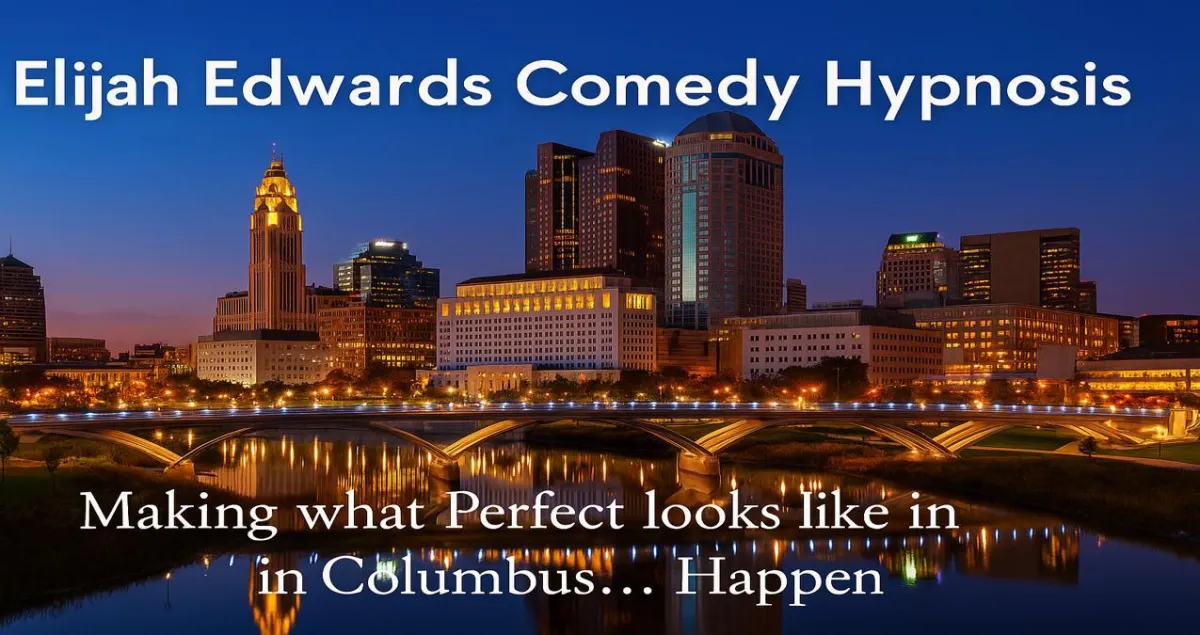 Columbus corporate team enjoying a comedy hypnosis show with Elijah Edwards on stage