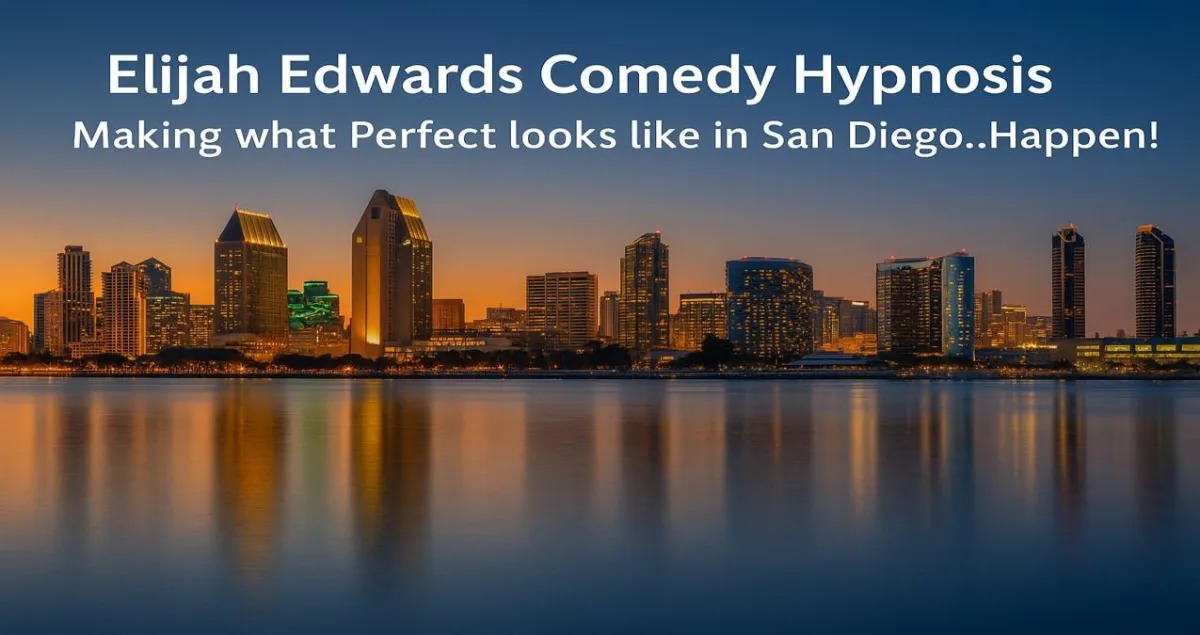 Elijah Edwards performing clean comedy hypnosis onstage at a San Diego theater venue