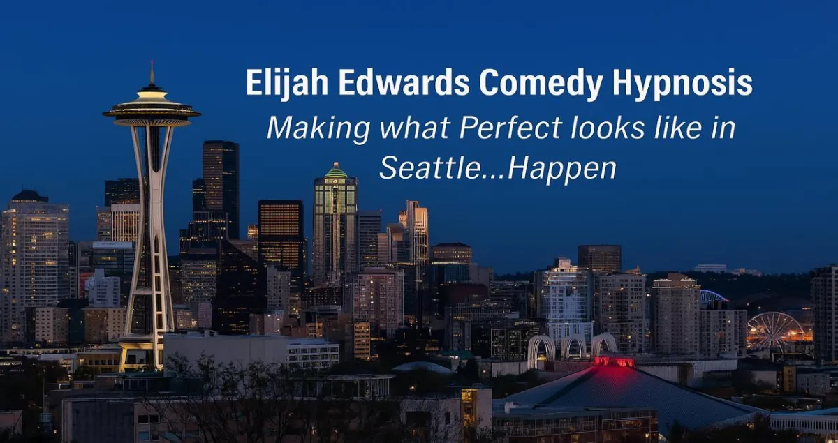Elijah Edwards headlining a clean comedy hypnosis show for corporate guests in downtown Seattle near the waterfront.